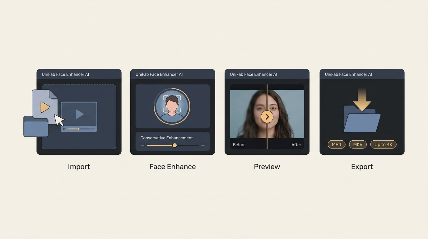 UniFab workflow from video import and face preview to MP4, MKV, or 4K export