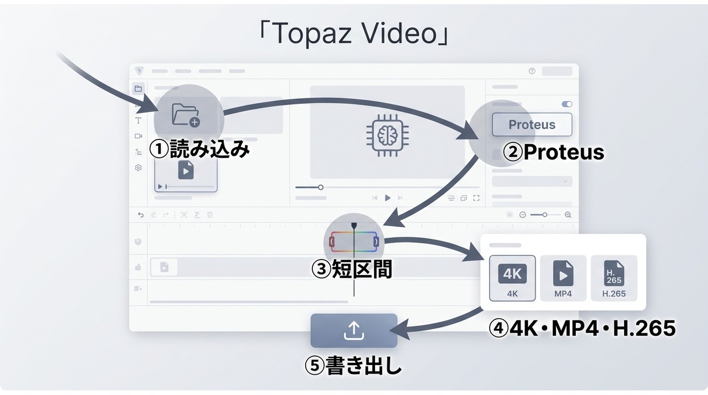 Topaz Videoで素材を読み込み、短区間を確認してMP4へ書き出す手順