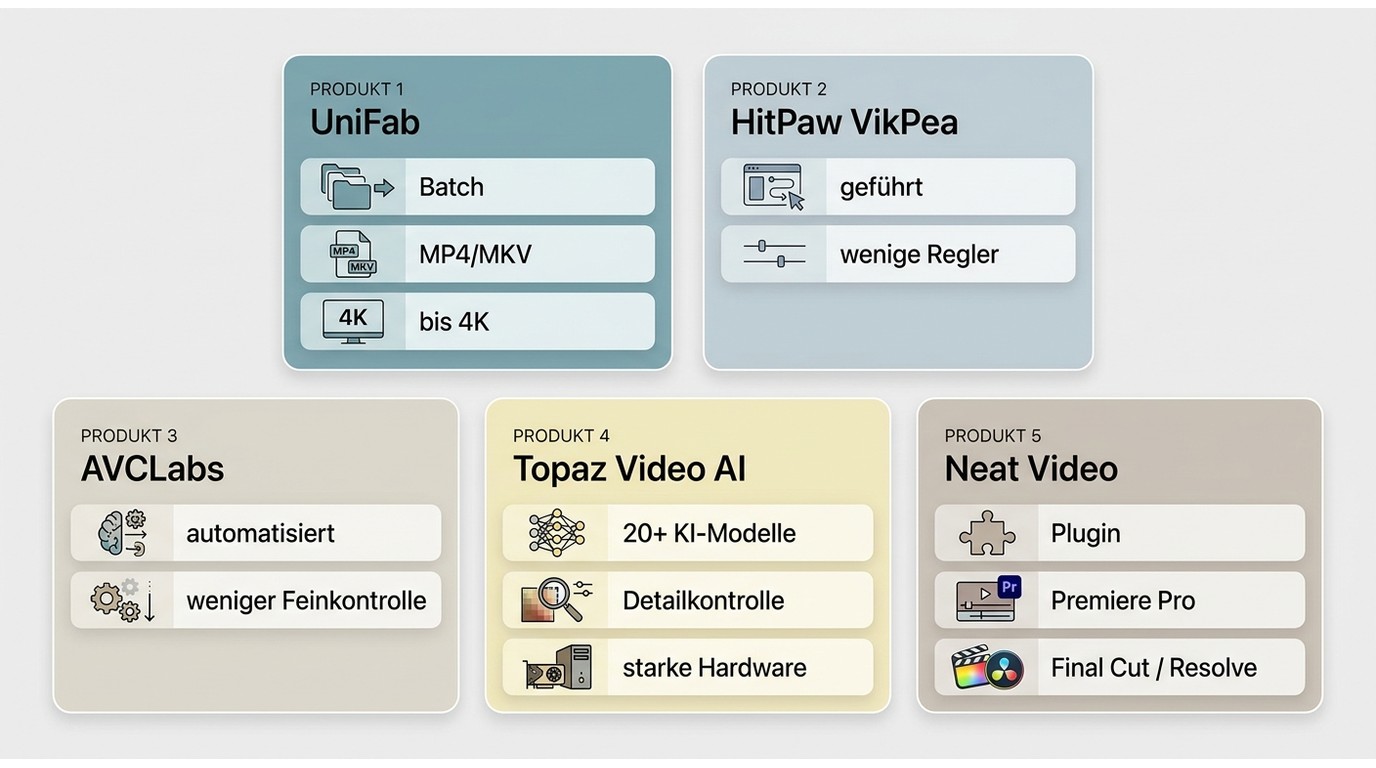 Fünf Denoiser nach Workflow, Kontrolle, Integration und Ausgabe im Vergleich