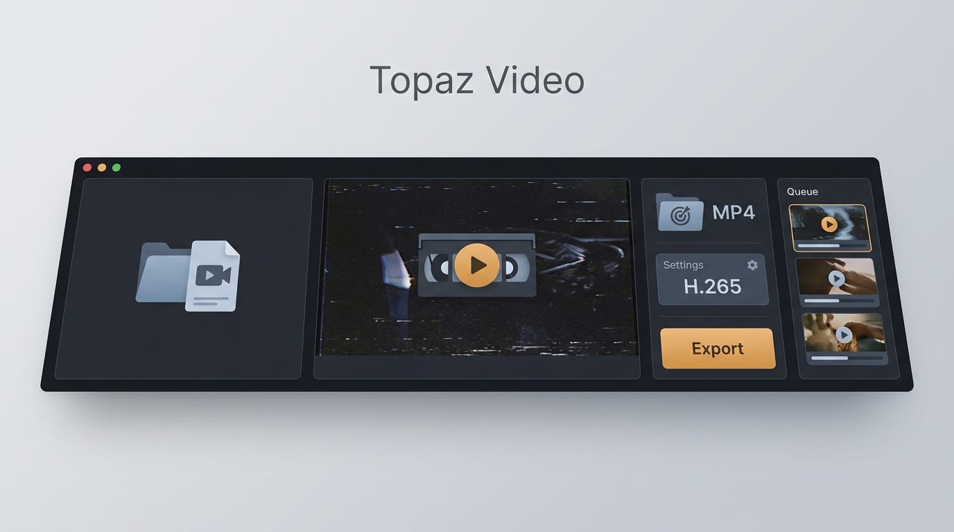 Topaz Video mit VHS-Vorschau, MP4- und H.265-Auswahl sowie Exportwarteschlange