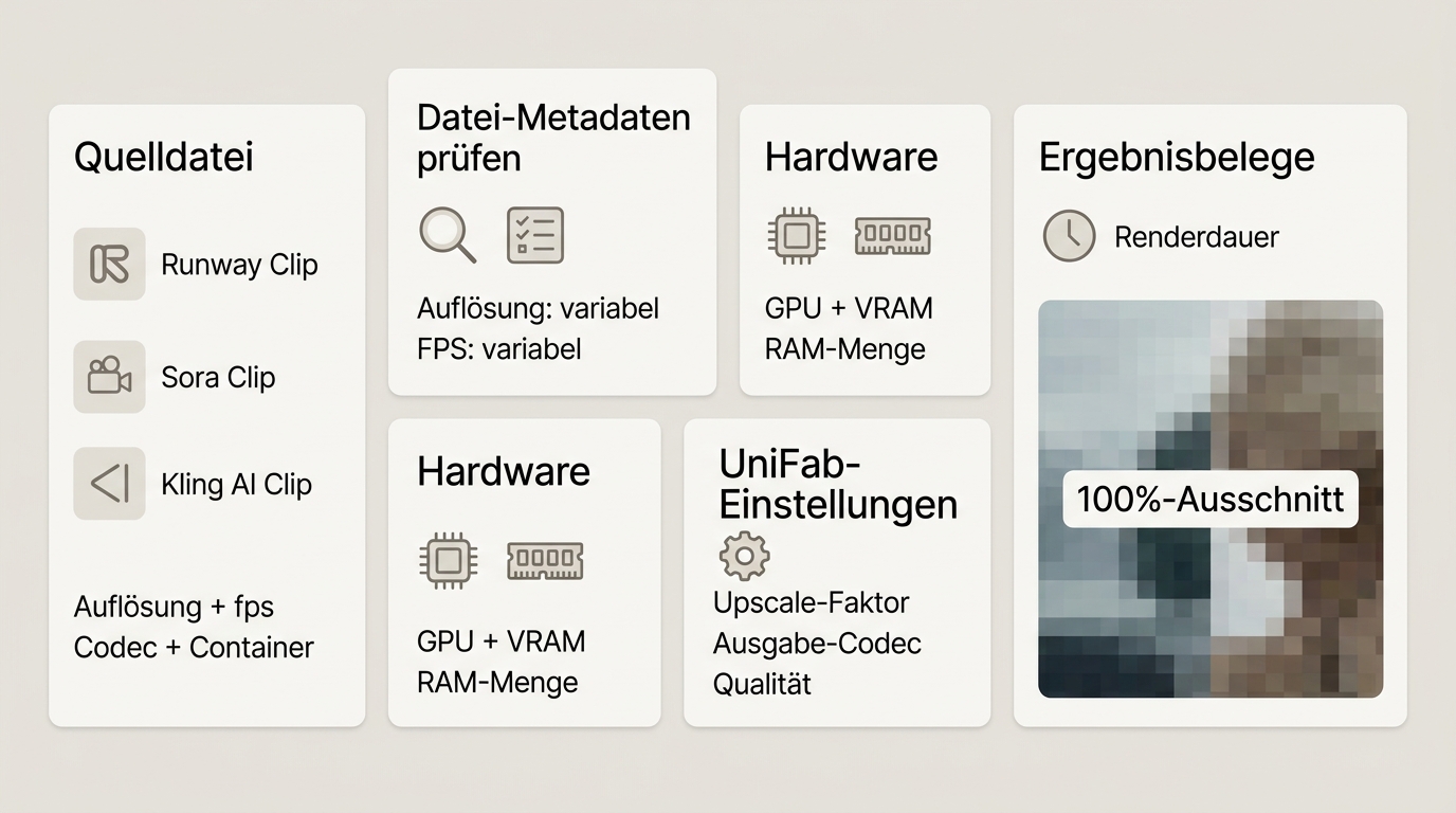 Testprotokoll für Runway-, Sora- und Kling-Clips mit UniFab-Einstellungen und Ergebnisbelegen