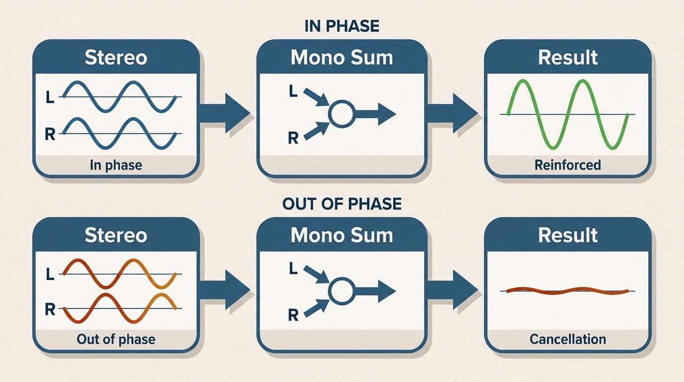How stereo phase differences can cause audio cancellation when summed to mono