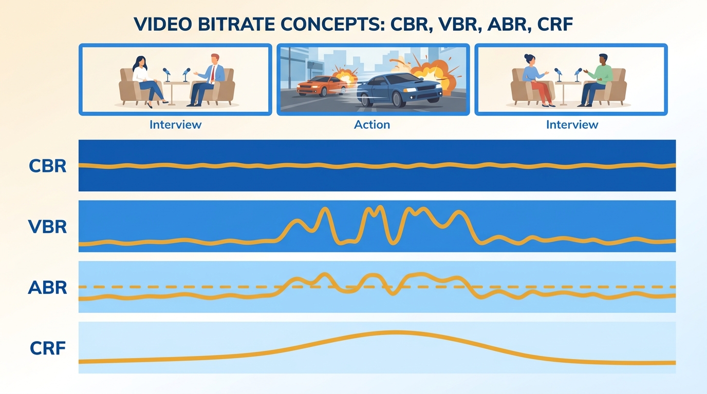 CBR, VBR, ABR, and CRF compared across simple and complex video scenes