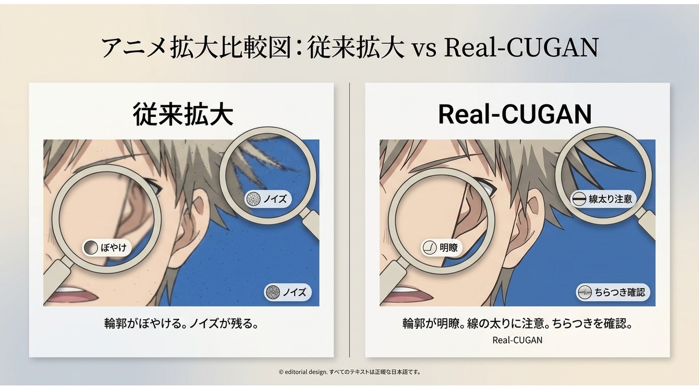従来の拡大とReal-CUGANを輪郭、ノイズ、ちらつきで比較