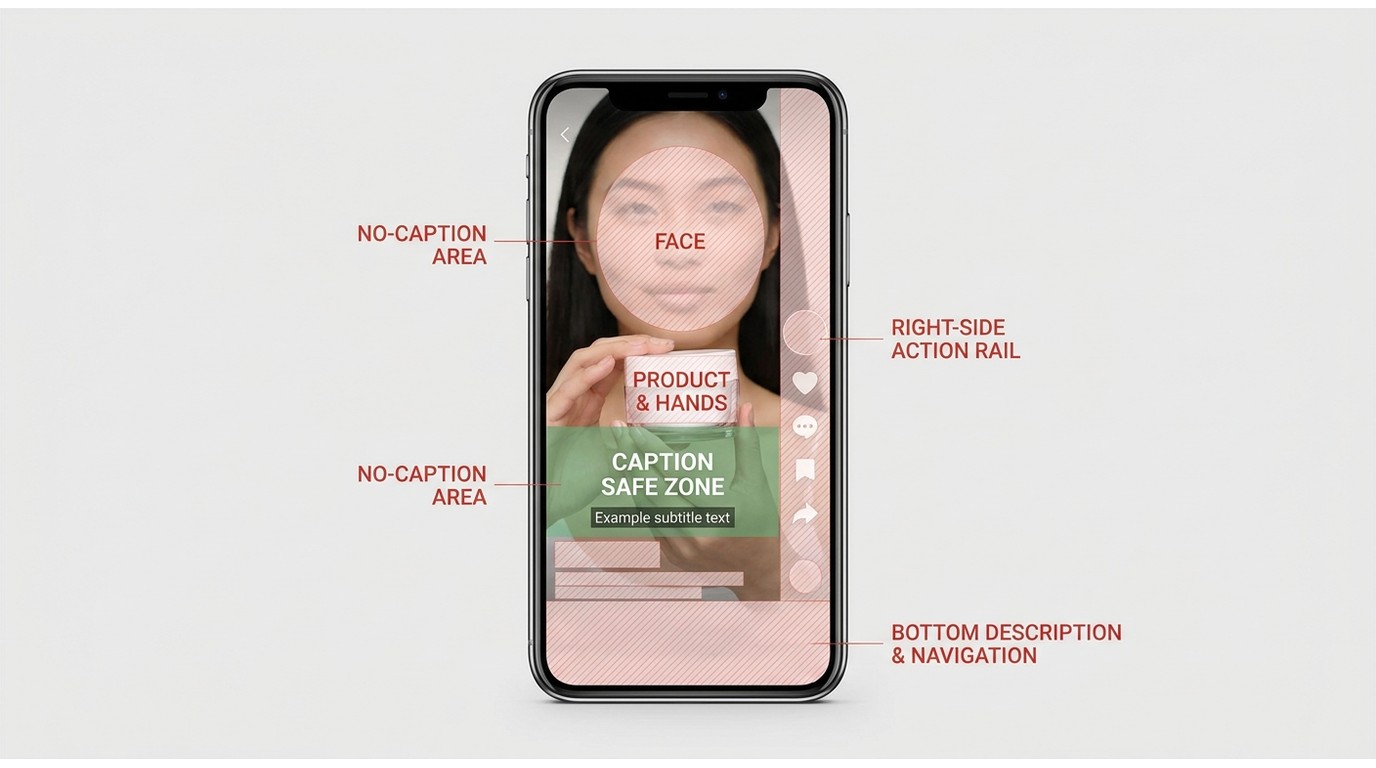 TikTok caption safe zone avoiding the action rail, description, face, and product details