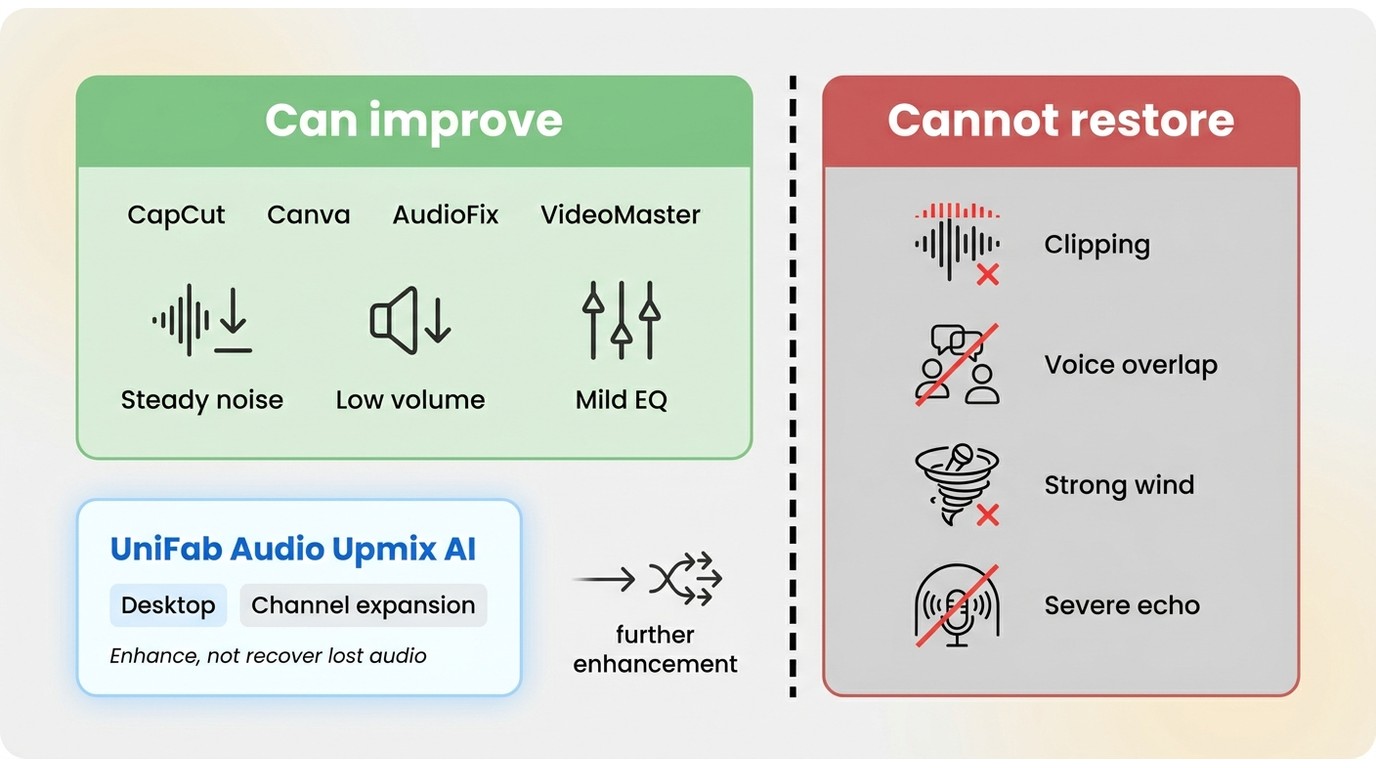 Mobile apps can reduce mild noise but cannot restore clipped speech, overlap, echo, or wind