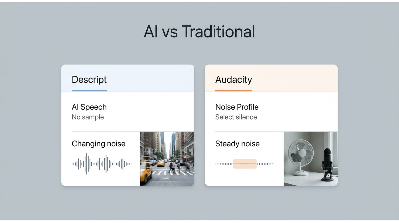 Audacity noise profiles compared with Descript Studio Sound for steady and changing noise