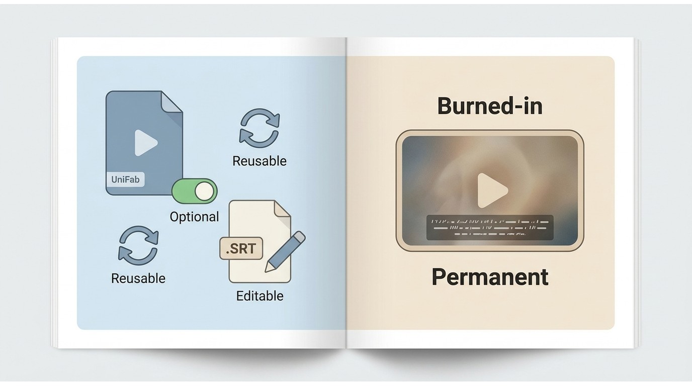 Separate UniFab SRT captions remain editable, while burned-in captions stay in every frame