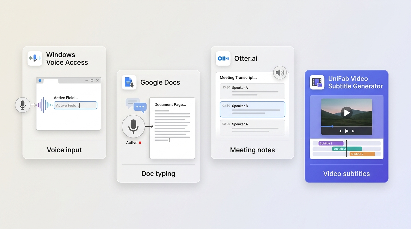 Windows Voice Access, Google Docs, Otter.ai, and UniFab interfaces for four speech workflows