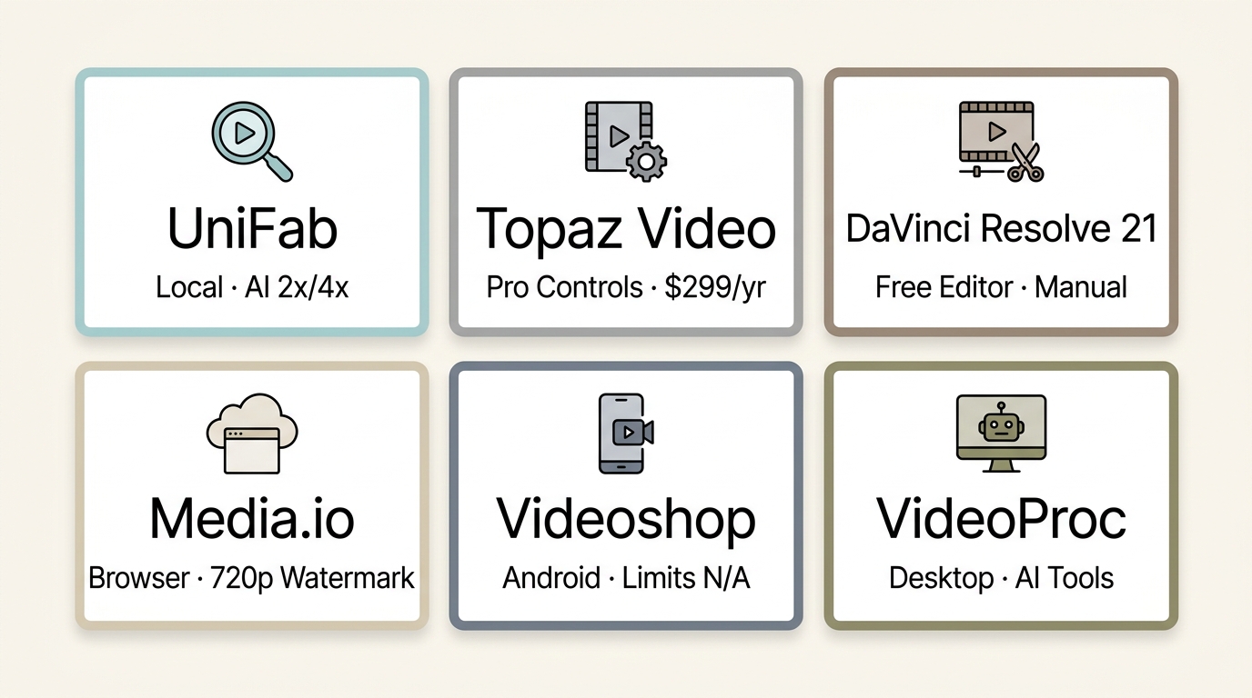 Scenario picks for UniFab, Topaz Video, DaVinci Resolve, Media.io, Videoshop, and VideoProc