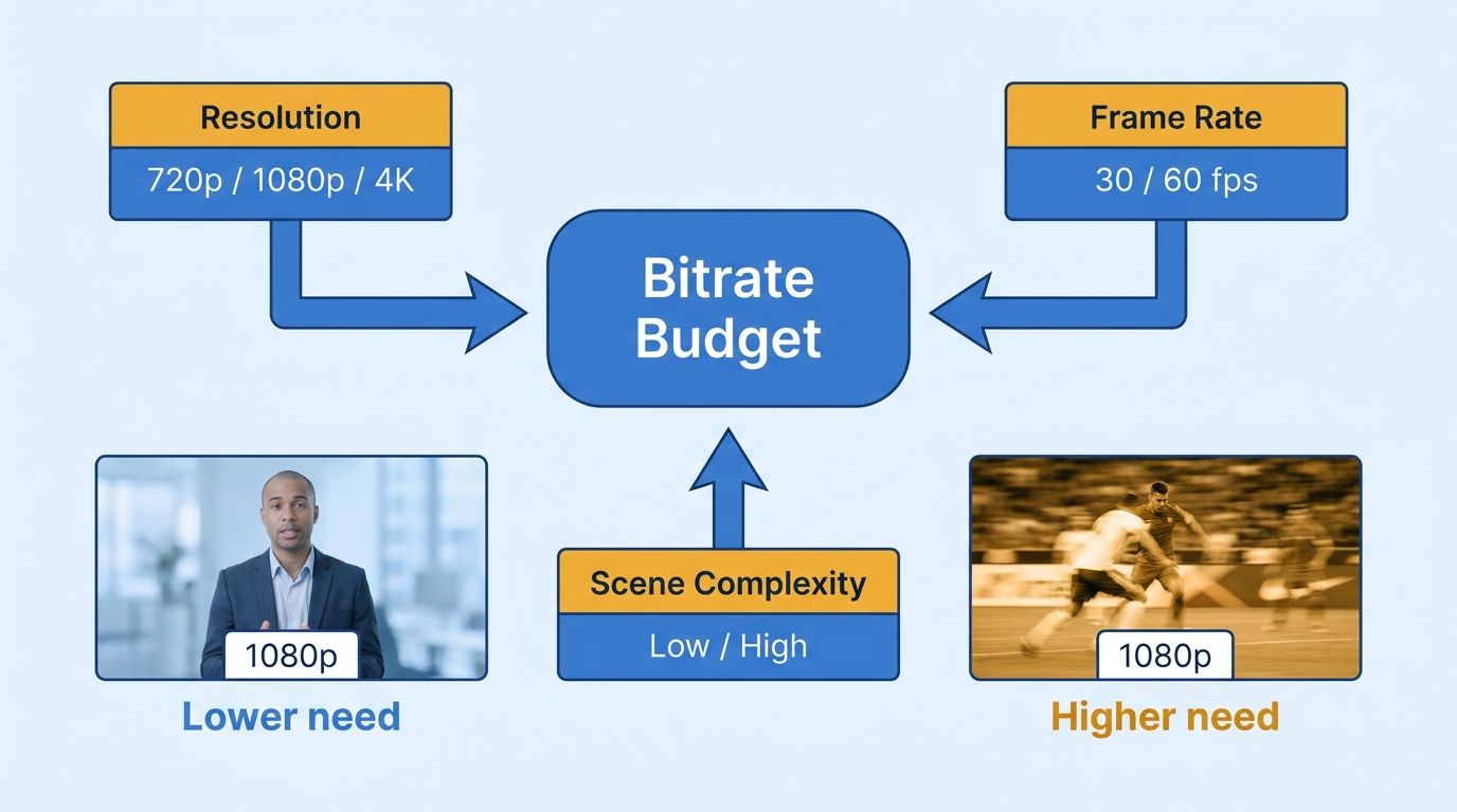 How resolution, frame rate, and scene complexity affect the required video bitrate