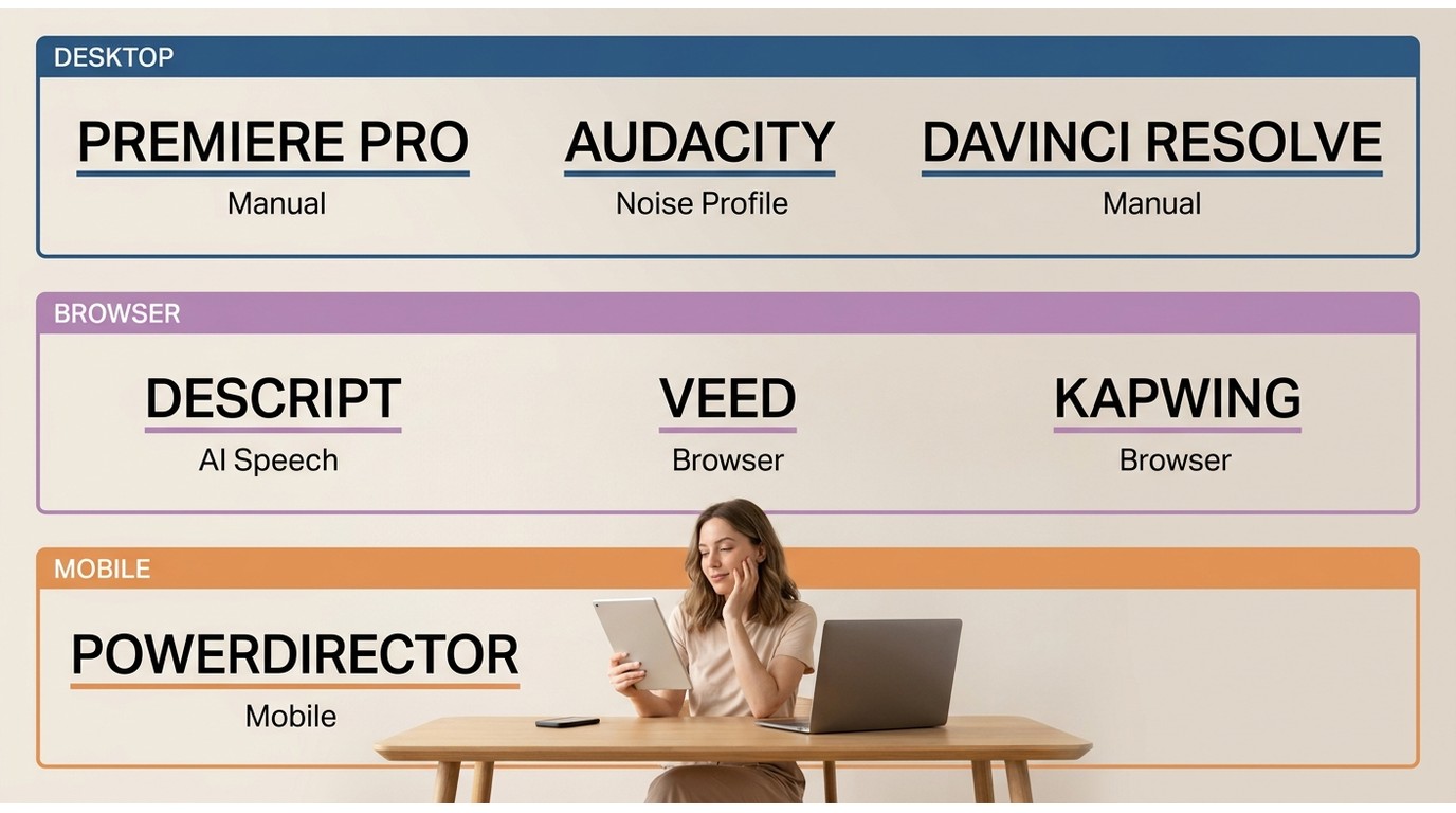 Premiere Pro, Audacity, DaVinci Resolve, Descript, VEED, Kapwing, and PowerDirector compared