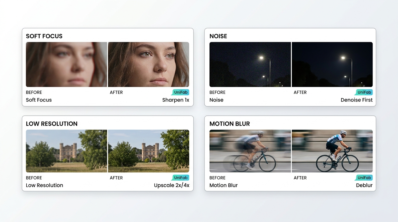 How soft focus, noise, motion blur, and low resolution require different video fixes