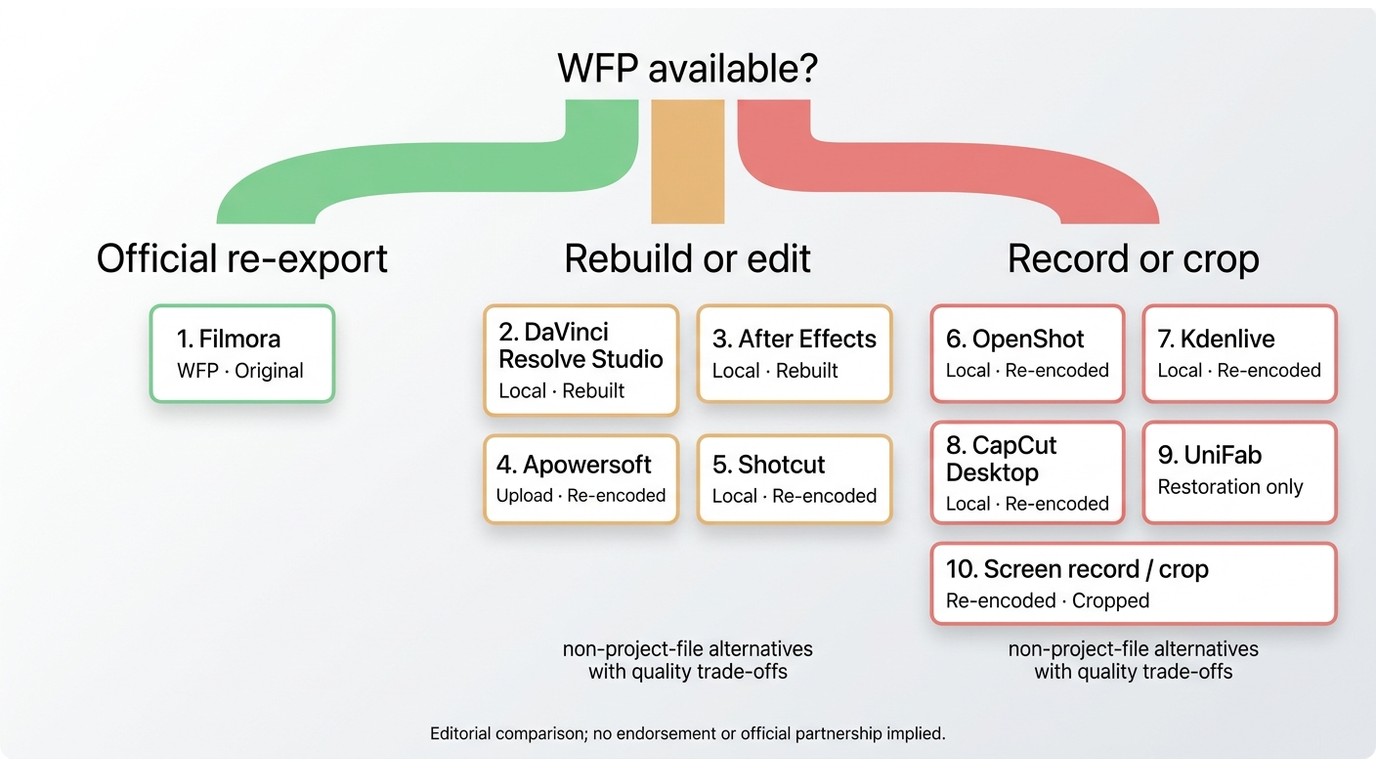 Comparison of 10 Filmora options by source file, quality, privacy, and cost