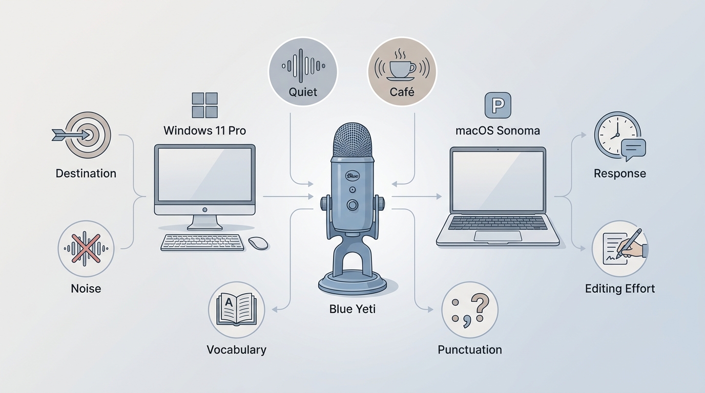 Blue Yeti test setup on Windows 11 Pro and macOS Sonoma with six assessment criteria