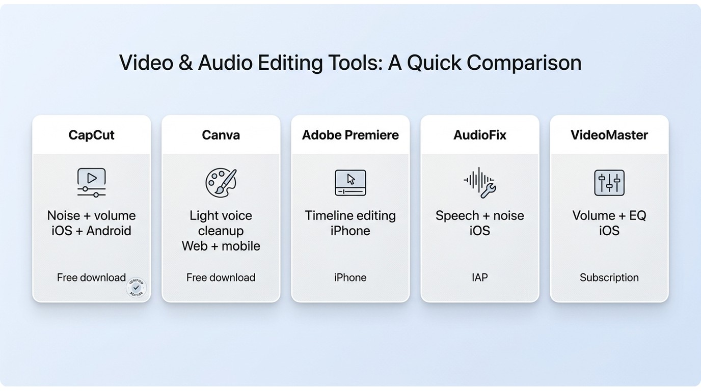 CapCut, Canva, Premiere, AudioFix, and VideoMaster compared by audio task and platform