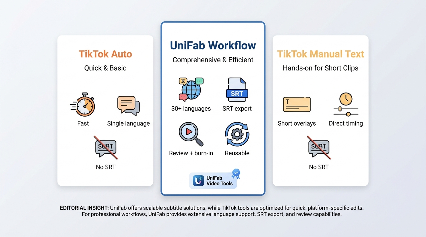 Comparison of TikTok auto captions, manual text, and UniFab for speed, translation, and SRT reuse