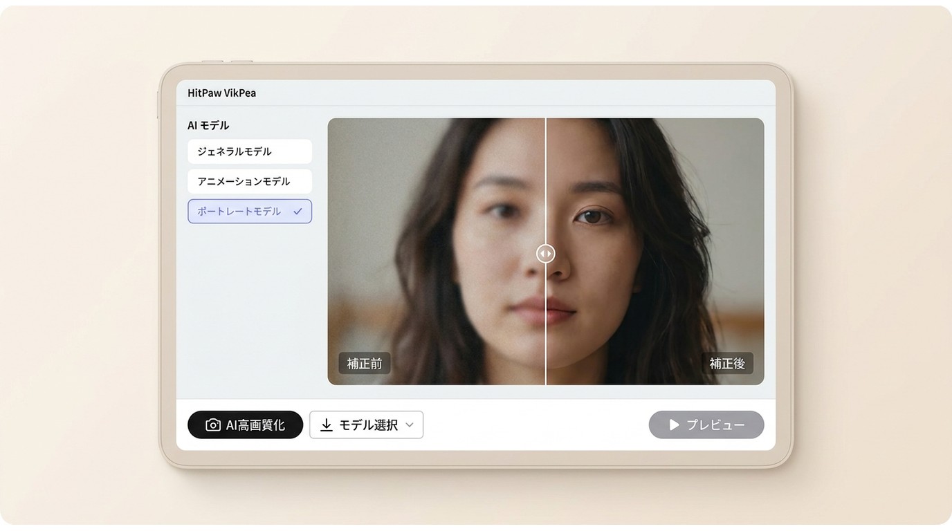 HitPaw VikPeaでAI高画質化モデルを選び、元動画と処理後を比較する操作