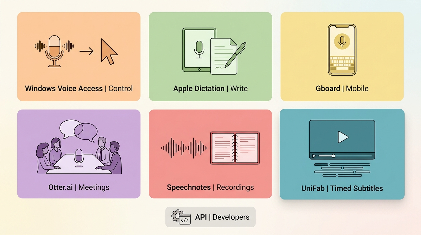 Six speech-to-text workflows from live dictation to Otter.ai meetings and UniFab subtitles