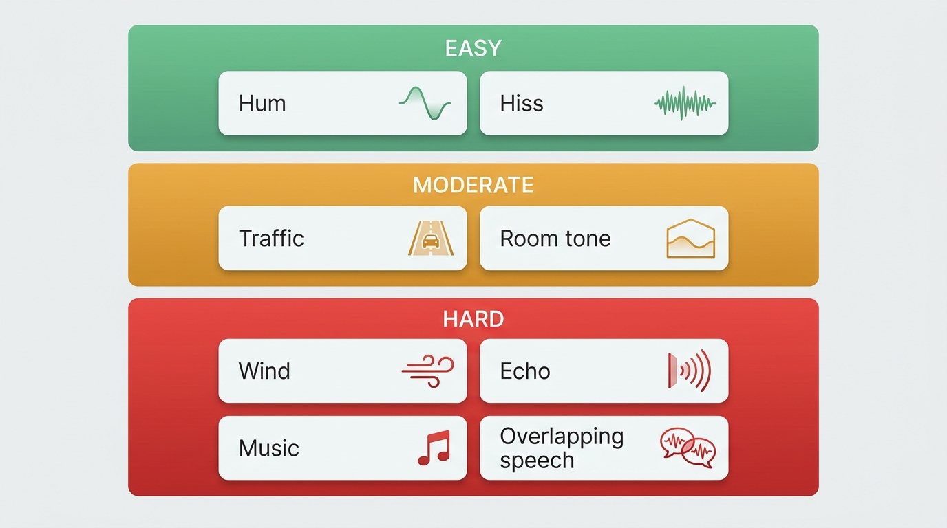 Noise types ranked from removable hum to difficult wind, echo, music, and overlapping speech