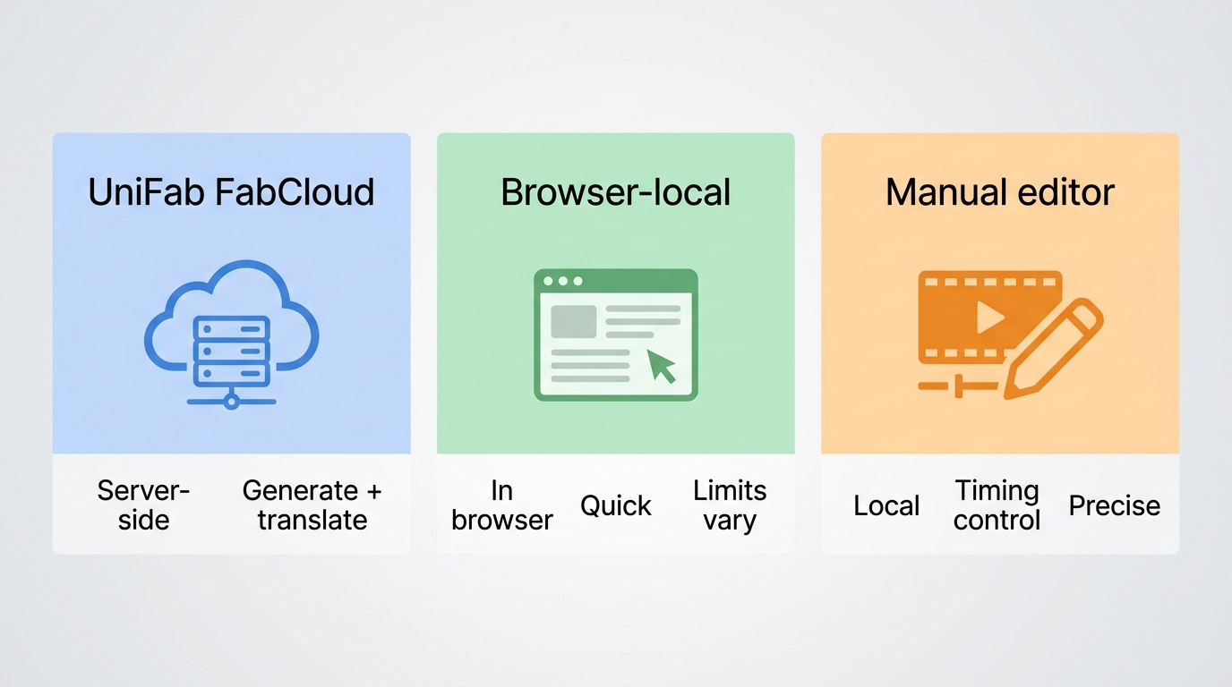 Comparison of UniFab FabCloud, browser-local, and manual SRT workflows