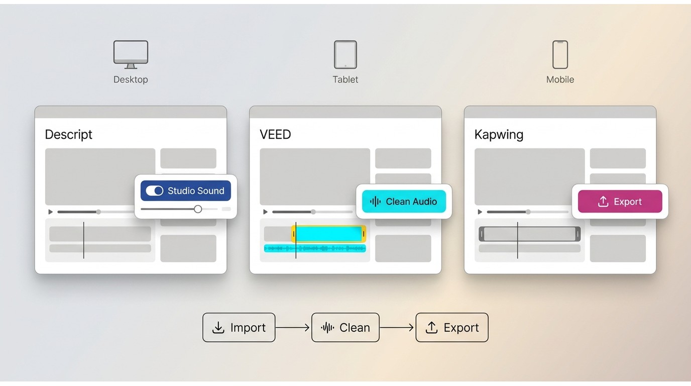 Descript, VEED, and Kapwing controls for cleaning speech and exporting browser-edited video