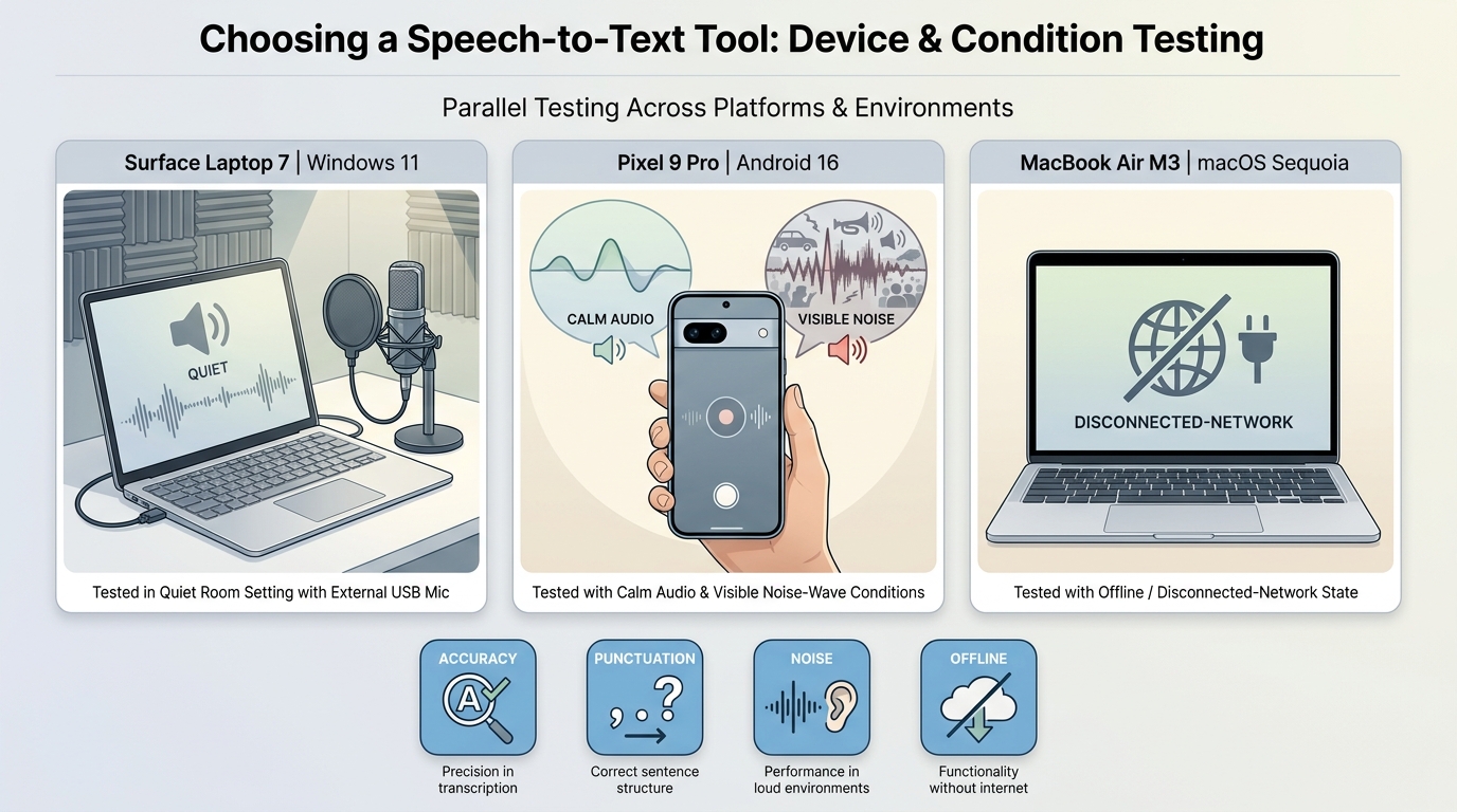 Testing speech-to-text on Windows 11, Android 16, and macOS for accuracy and offline use