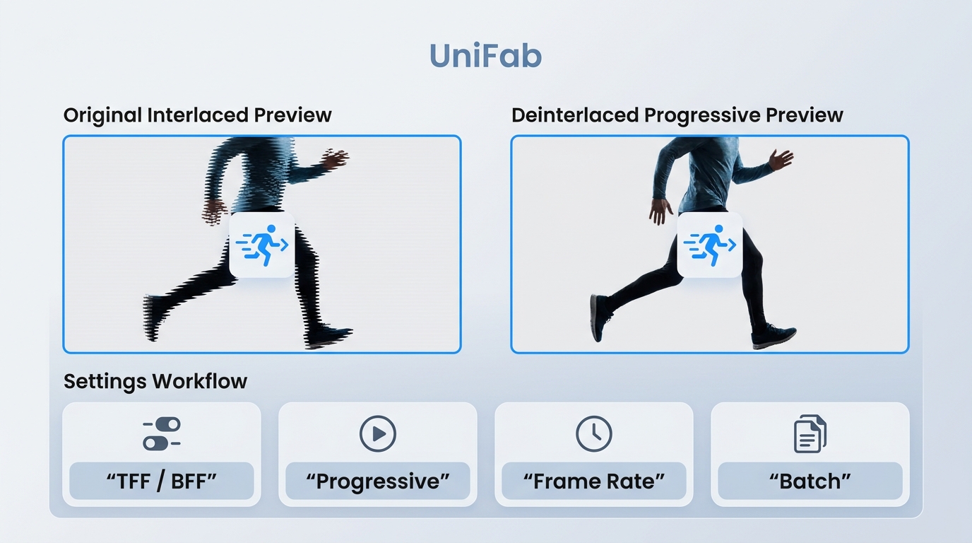 UniFab settings for field order, progressive MP4 output, motion preview, and batch processing