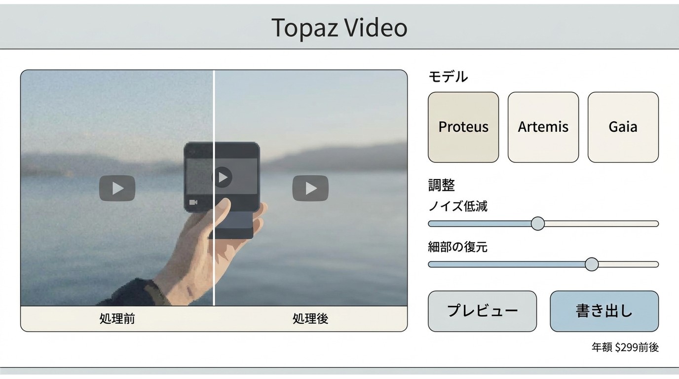 Topaz VideoでProteus、Artemis、Gaiaを選択して画質を調整する画面