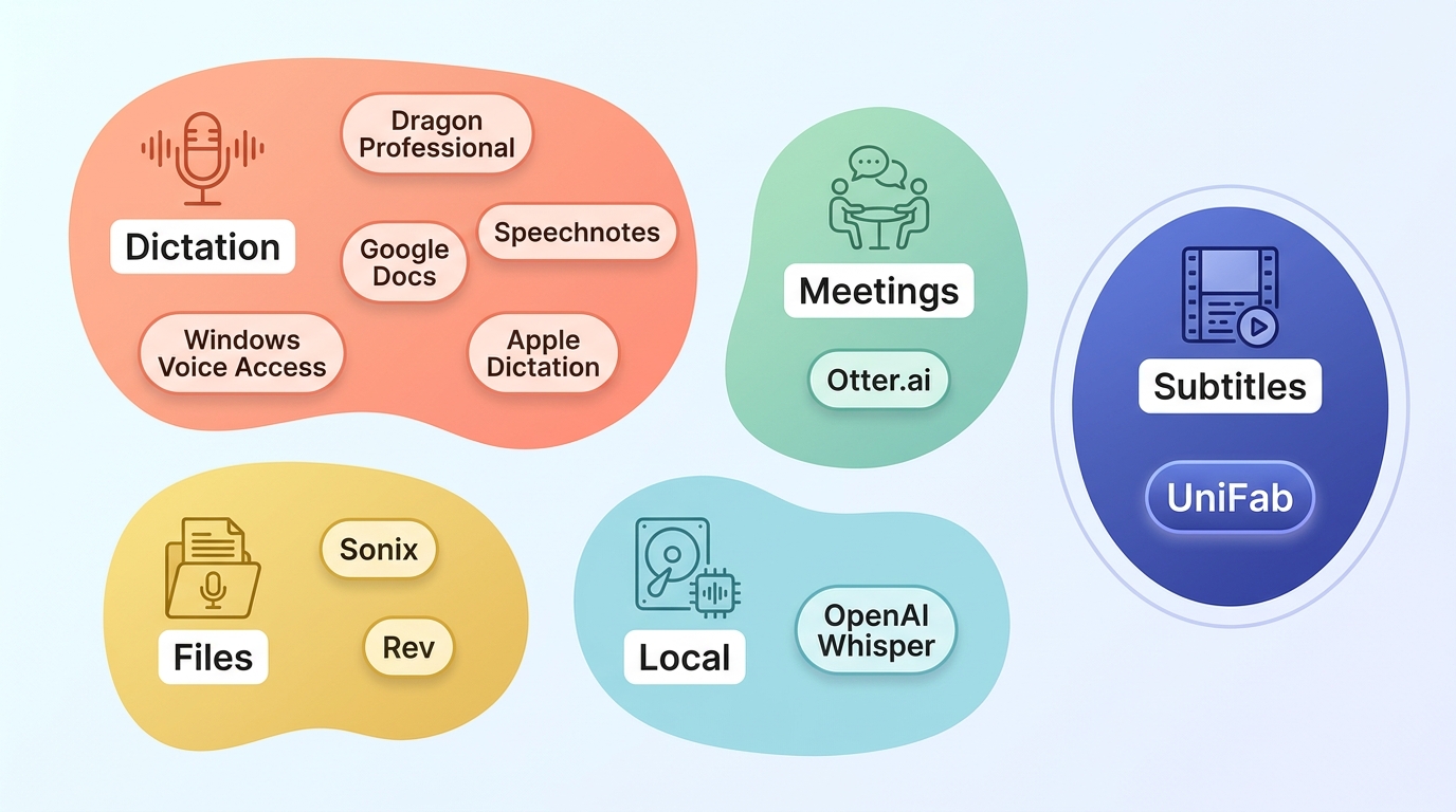 Talk-to-text tools grouped by dictation, meetings, file transcription, local use, and subtitles