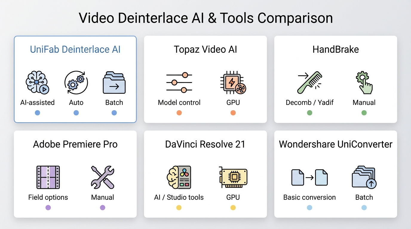 Six deinterlacing tools compared by automation, field control, cadence, GPU, and batch support