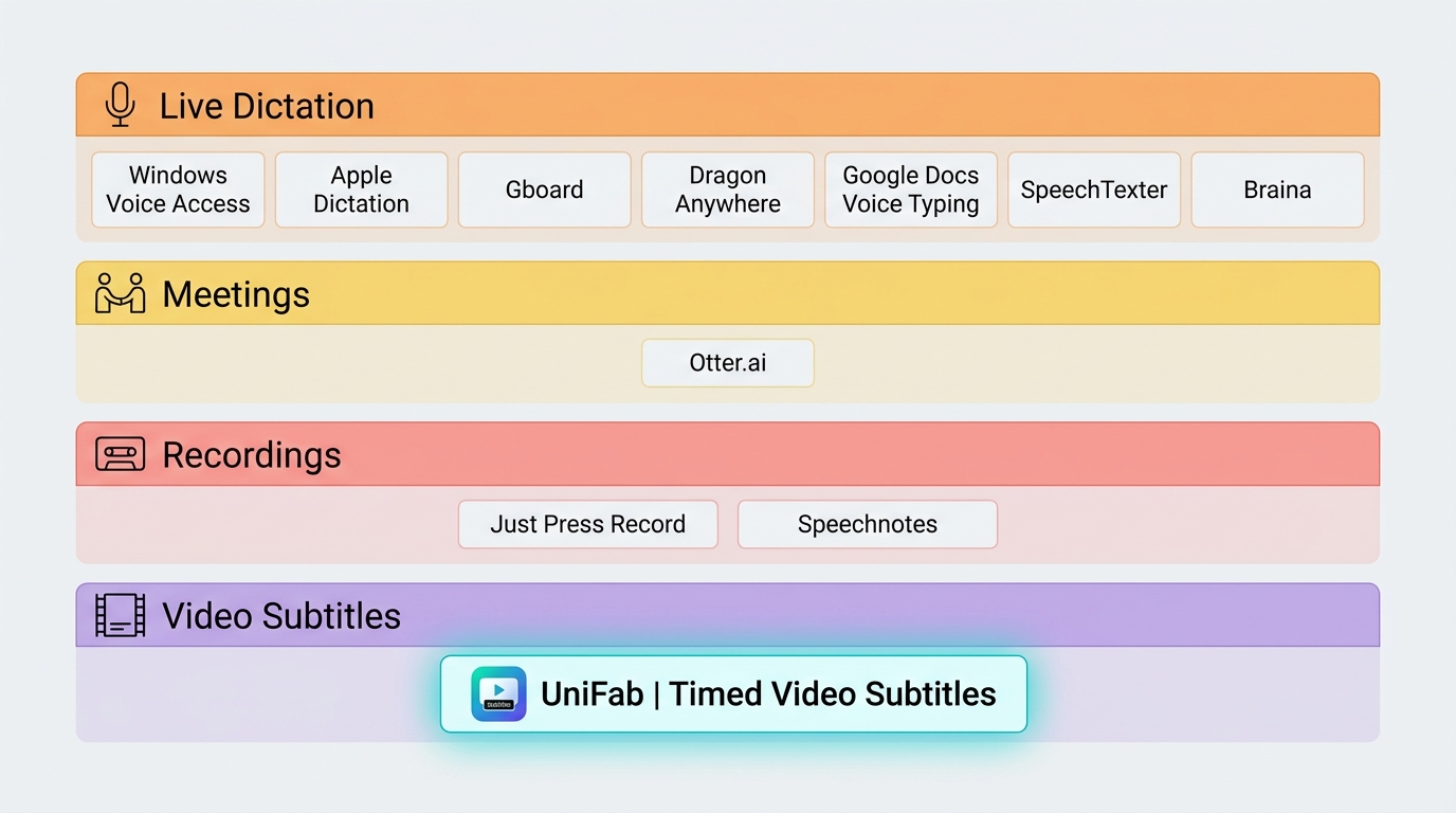 Comparison of Windows Voice Access, Otter.ai, Speechnotes, UniFab, and other tools by workflow