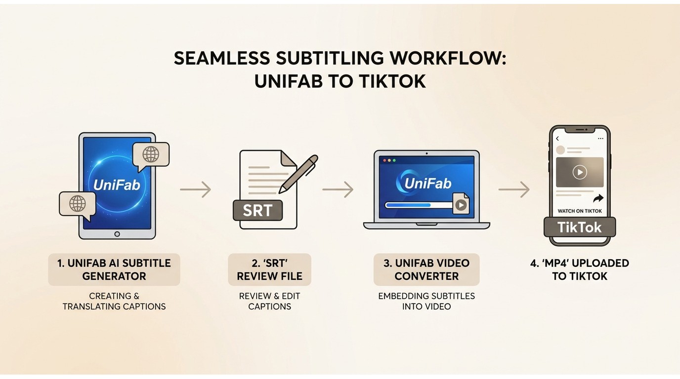 UniFab workflow from subtitle generation and SRT review to burned-in MP4 upload on TikTok
