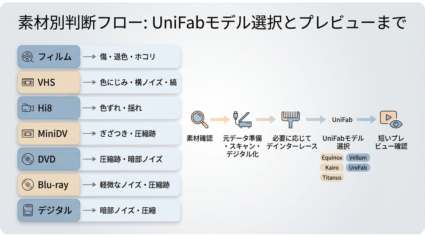 VHSやDVDなど素材別の主な劣化、前処理、UniFabモデル選択の流れ