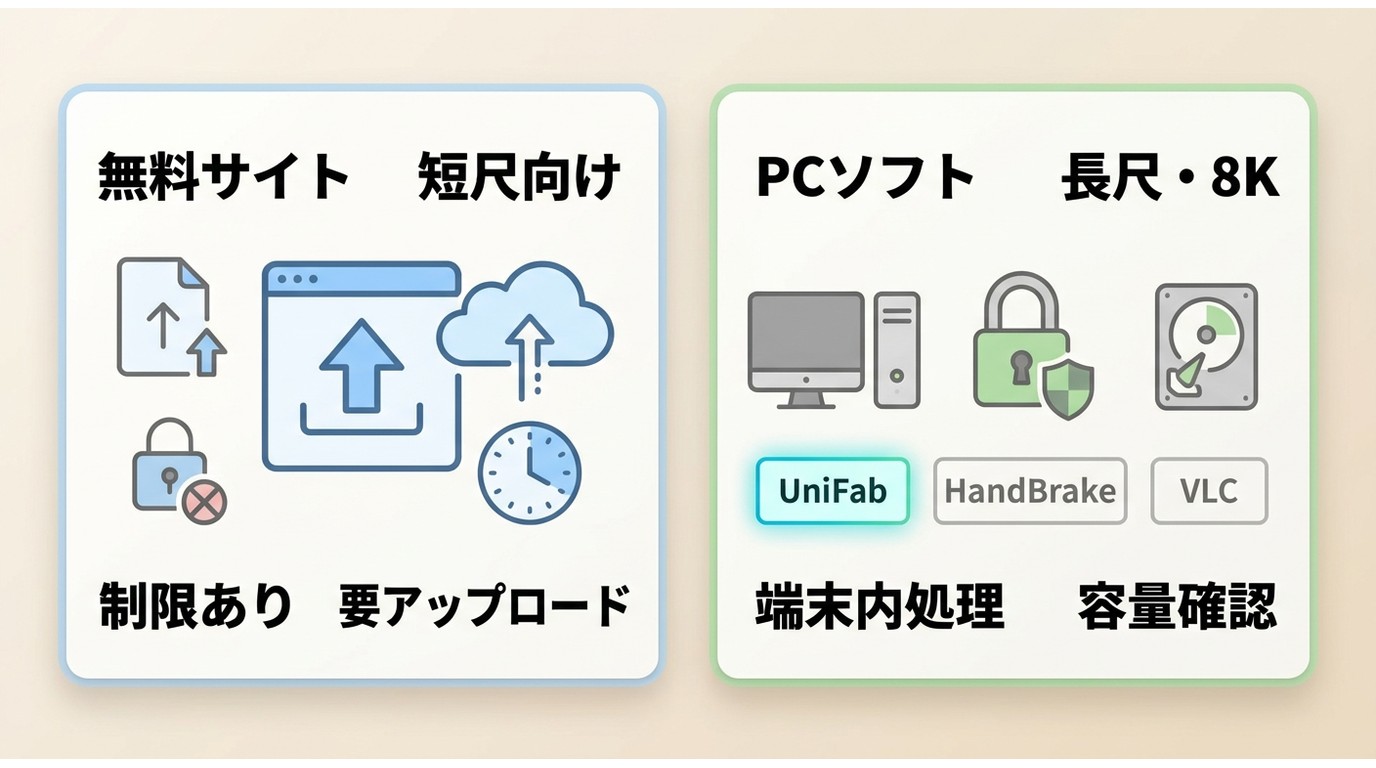 無料オンラインサイトとUniFabなどのPCソフトを尺・制限・プライバシーで比較