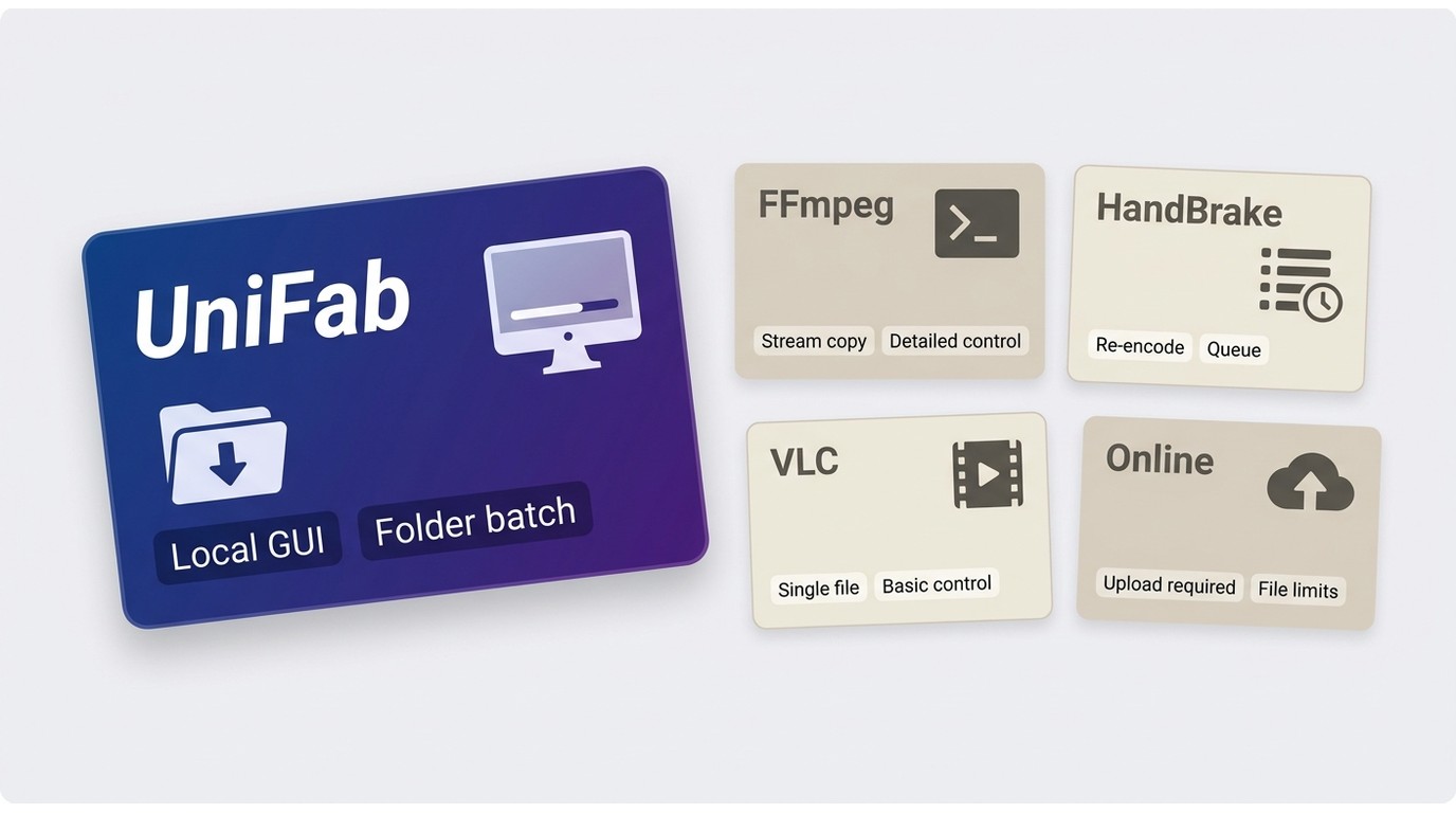 UniFab, VLC, HandBrake, FFmpeg, and online tools compared by privacy, batch use, and control