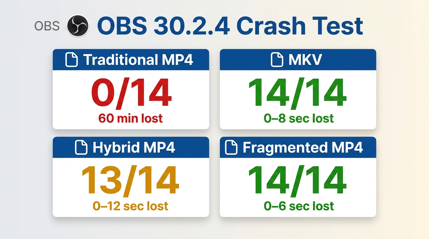 OBS 30.2.4 crash results: MKV 14/14, Hybrid MP4 13/14, traditional MP4 0/14