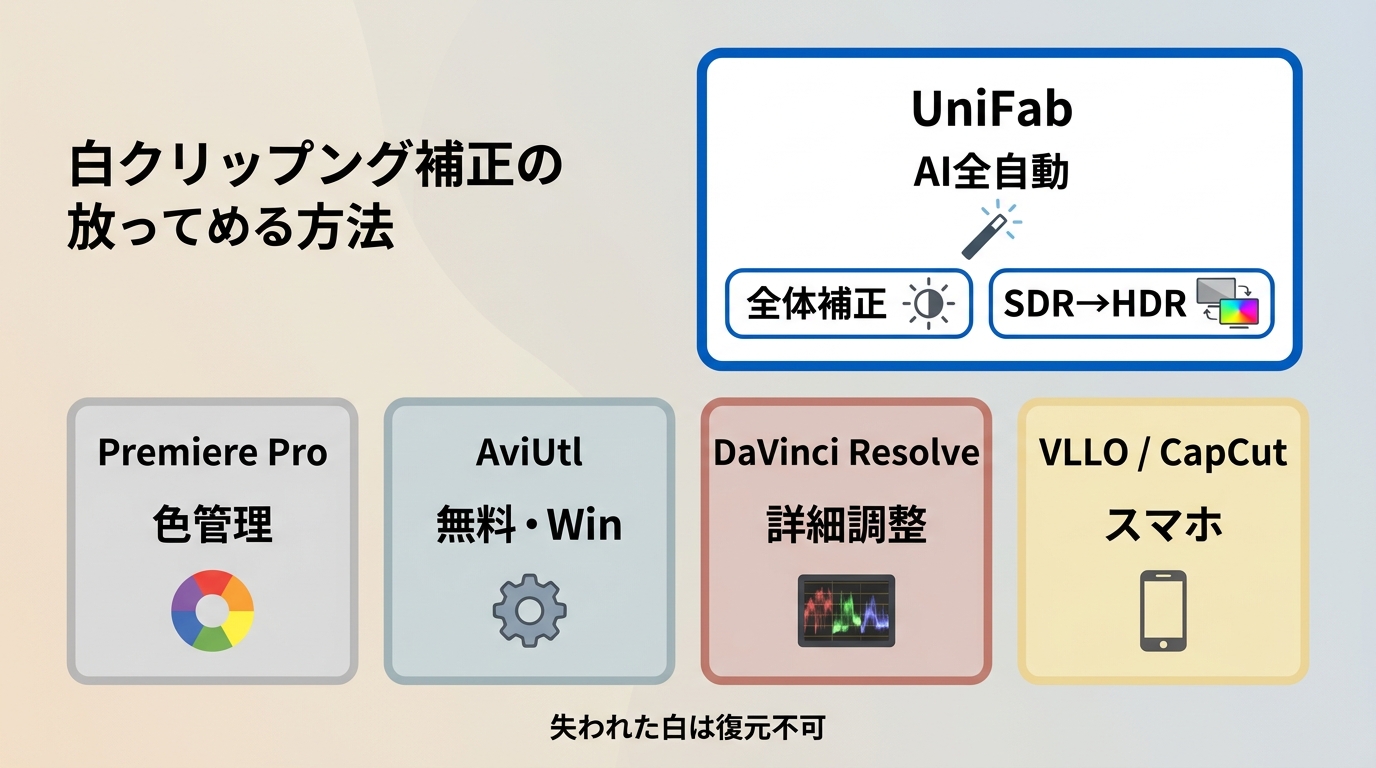 UniFab、Premiere Pro、AviUtl、DaVinci Resolve、VLLO、CapCutの白飛び補正用途比較