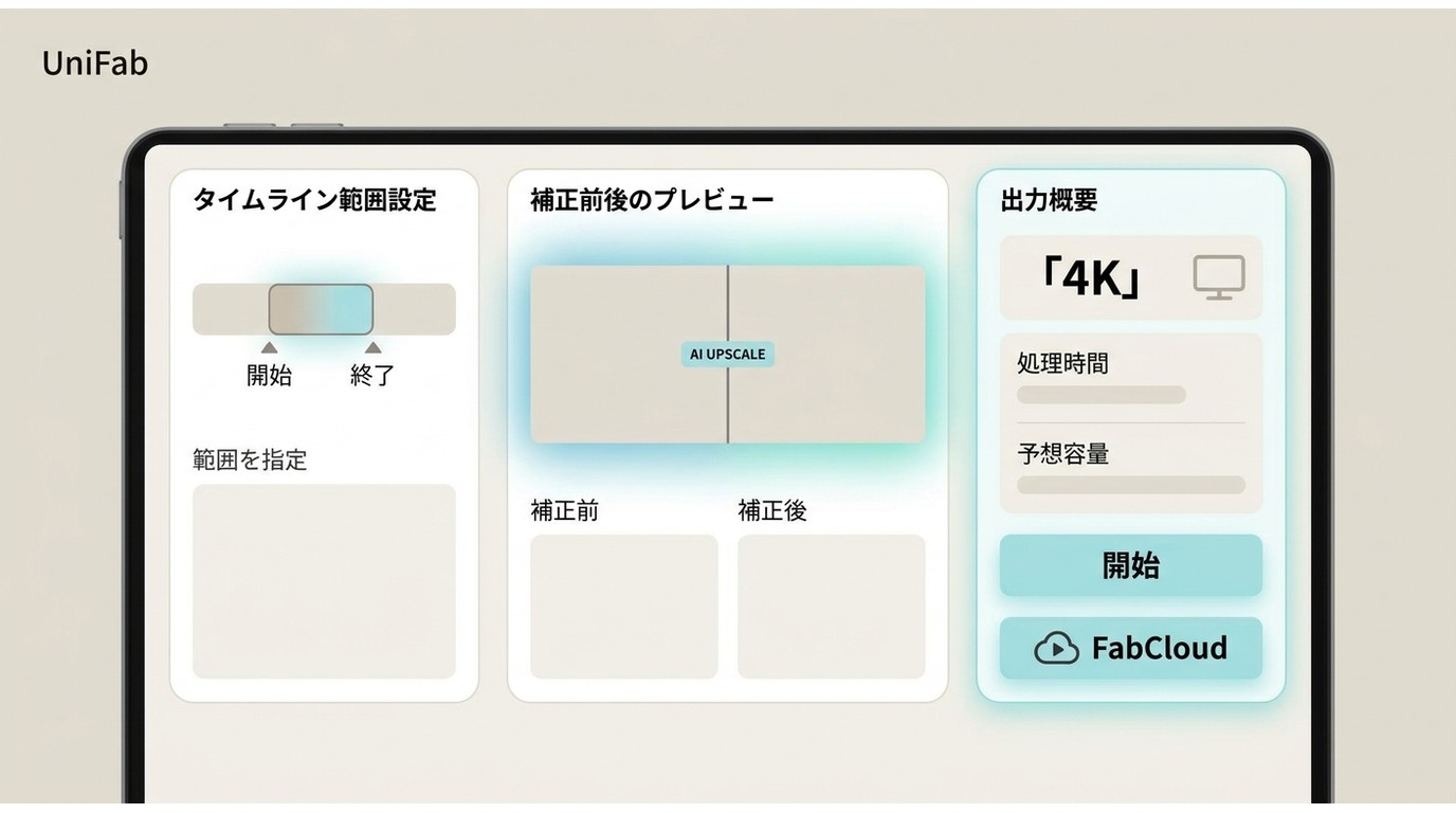 UniFabで短い範囲をプレビューし、4Kの処理時間と容量を確認する画面