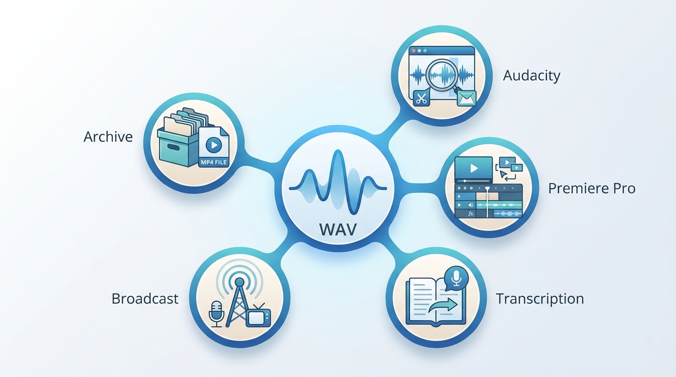 WAV used for Audacity editing, video post-production, transcription, delivery, and archives