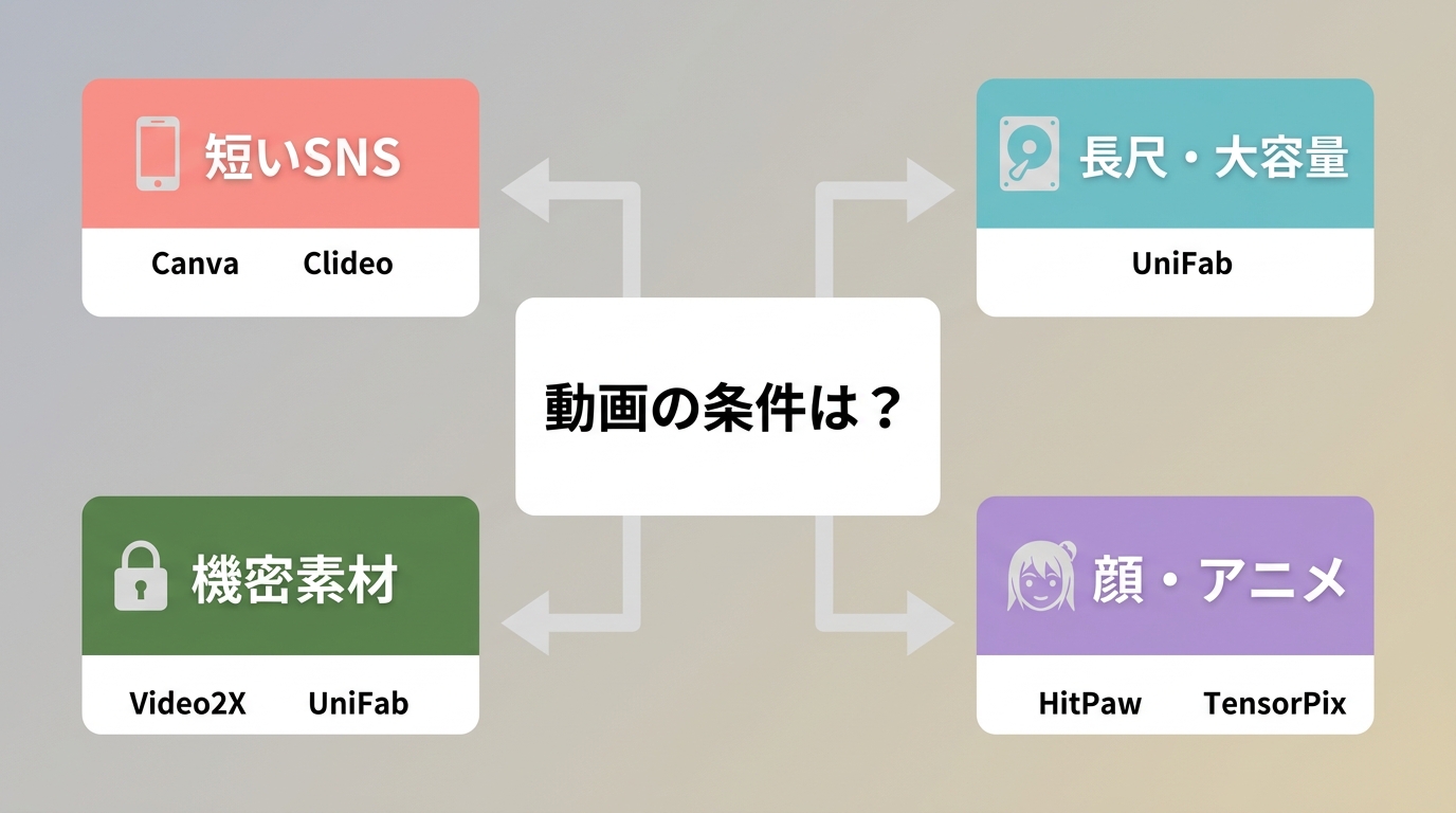 動画の長さ・機密性・被写体からCanvaやVideo2Xなどを選ぶ流れ