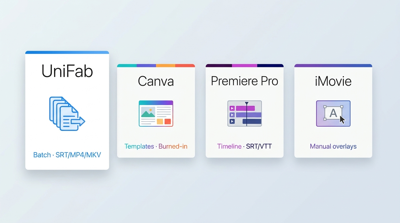 UniFab, Canva, Premiere Pro, and iMovie subtitle workflow comparison