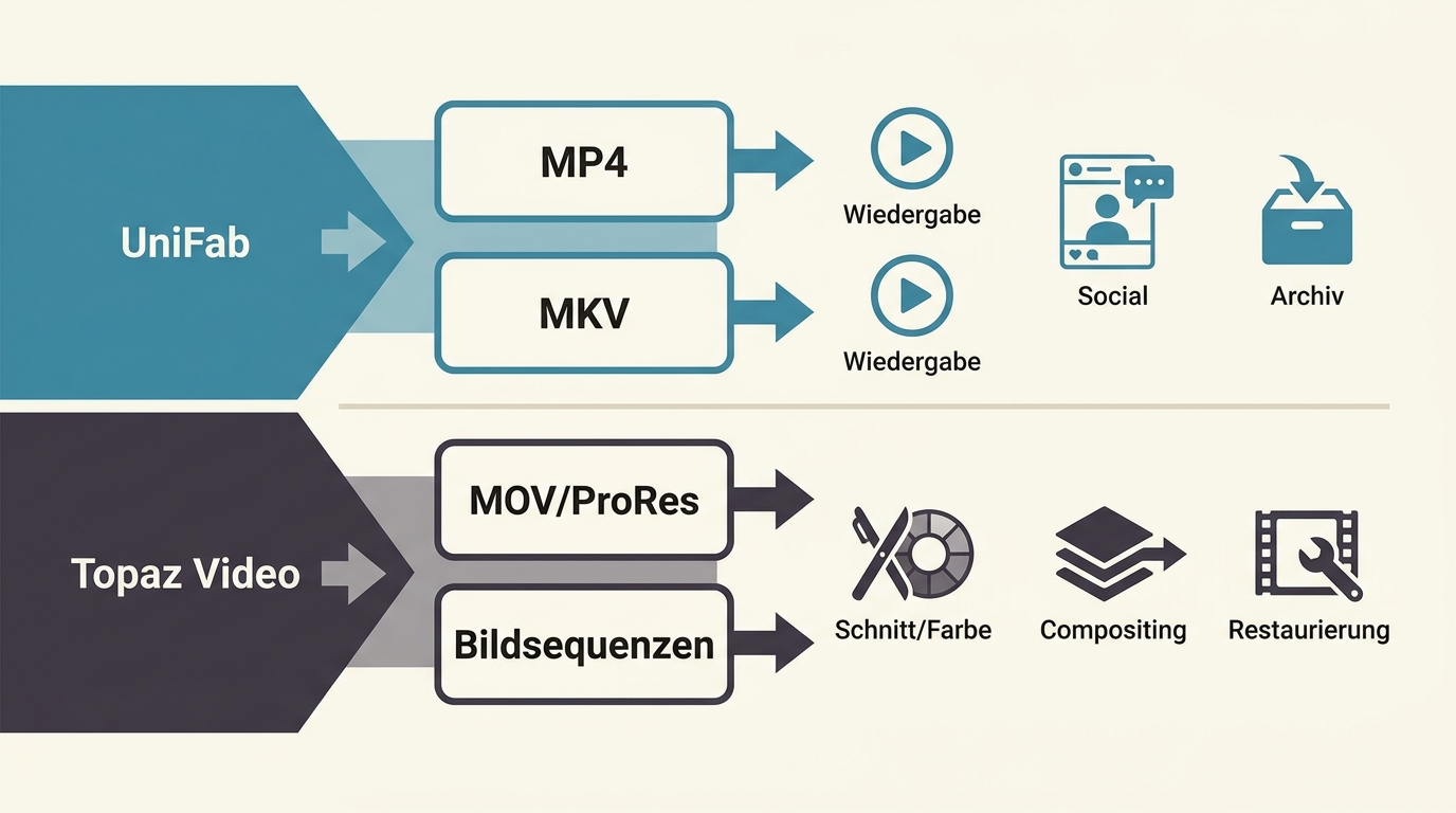 Exportwege von UniFab und Topaz Video für MP4, MKV, ProRes und Bildsequenzen