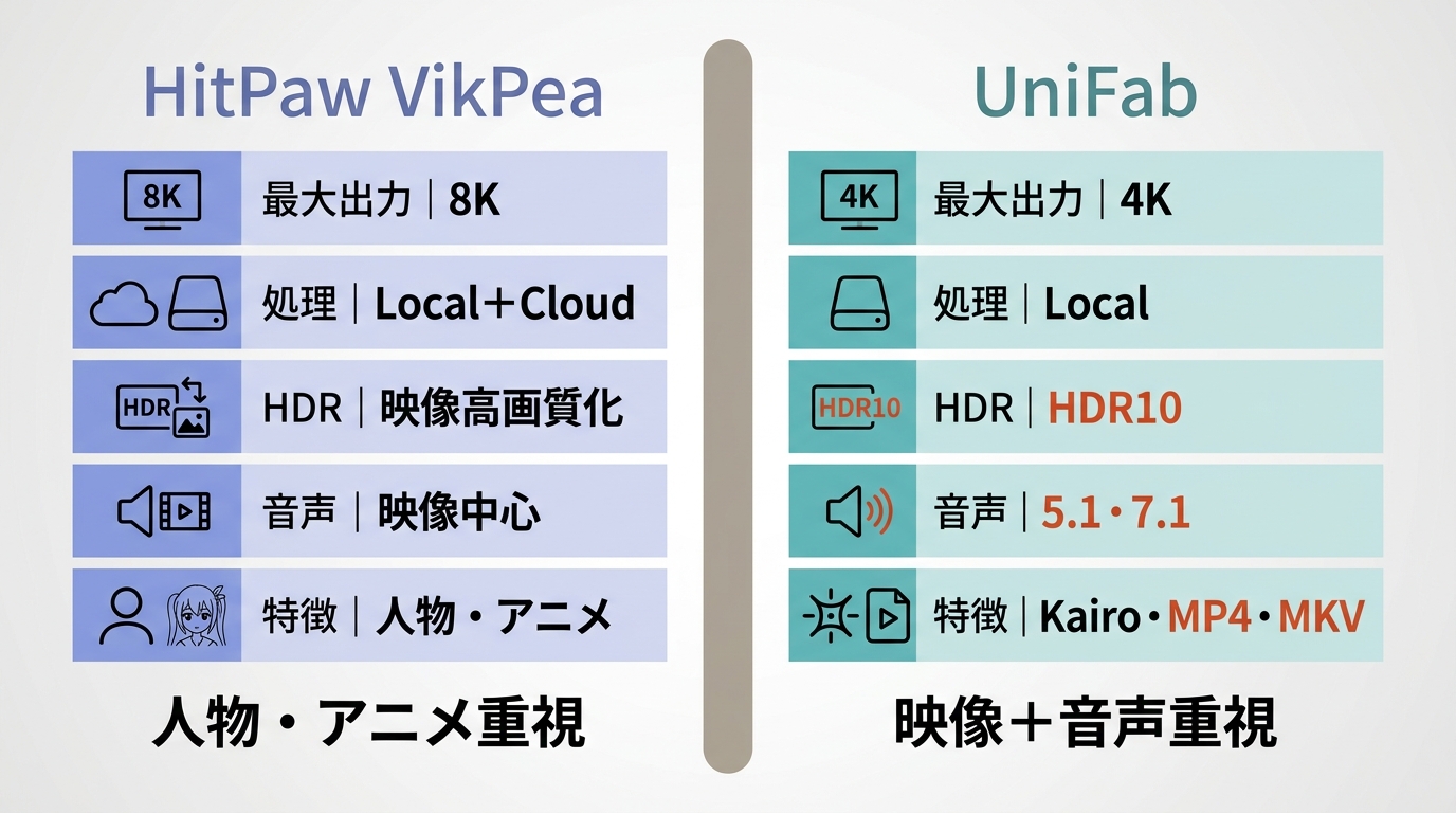 HitPaw VikPeaとUniFabの最大出力、処理方式、HDR、音声、アニメ機能比較