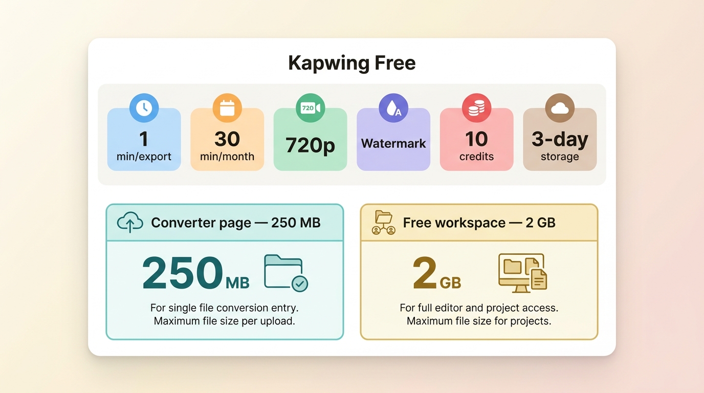 Kapwing Free limits: 1-minute exports, 720p, watermark, and differing 250 MB or 2 GB uploads