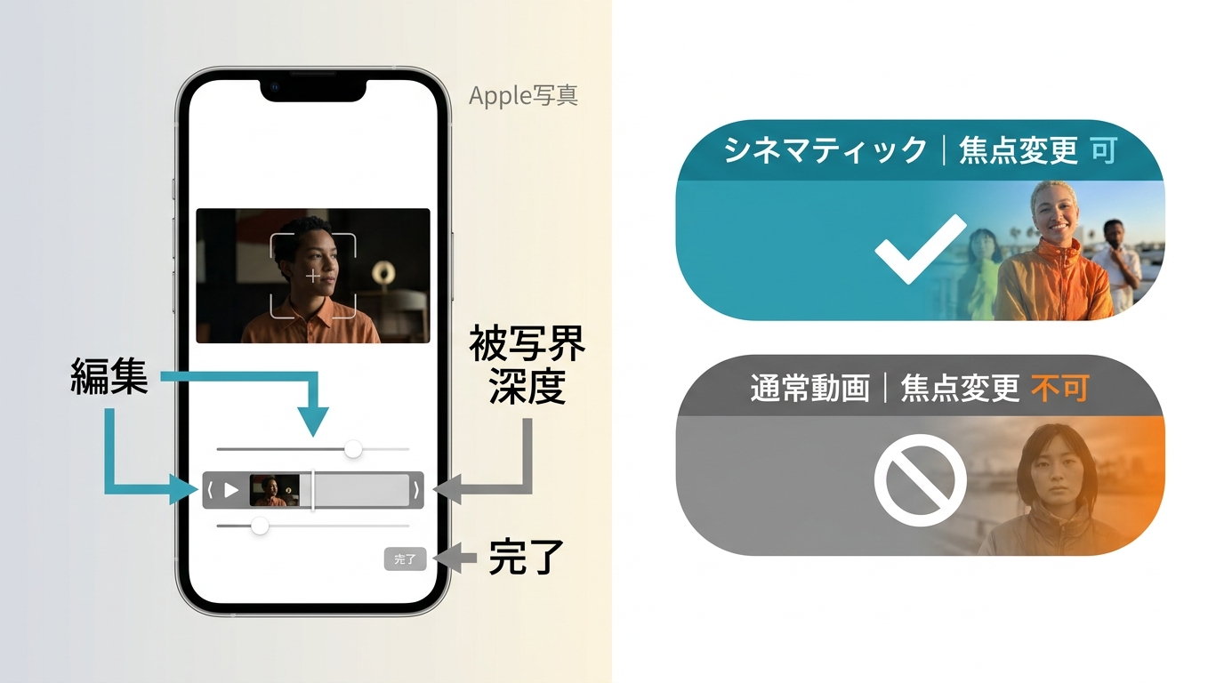 iPhone写真アプリでシネマティックモード動画の焦点位置を変更する操作