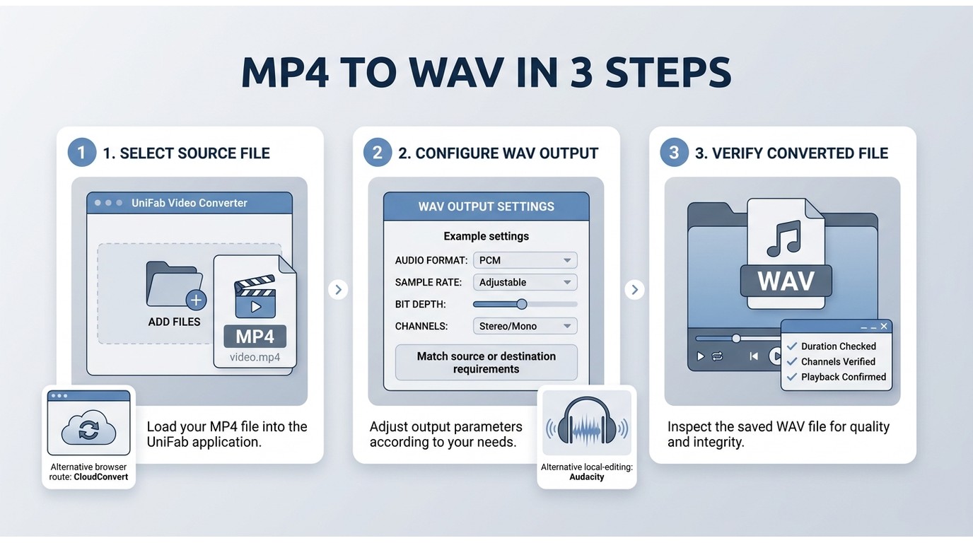How to convert MP4 to WAV by selecting a file, setting PCM, and checking the result