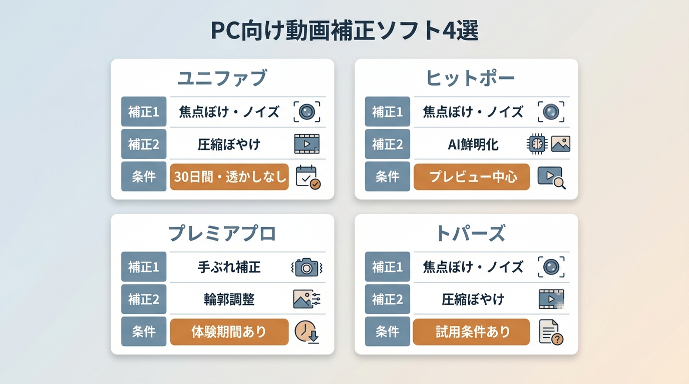 UniFab、HitPaw VikPea、Premiere Pro、Topaz Video AIの補正機能と利用条件の比較