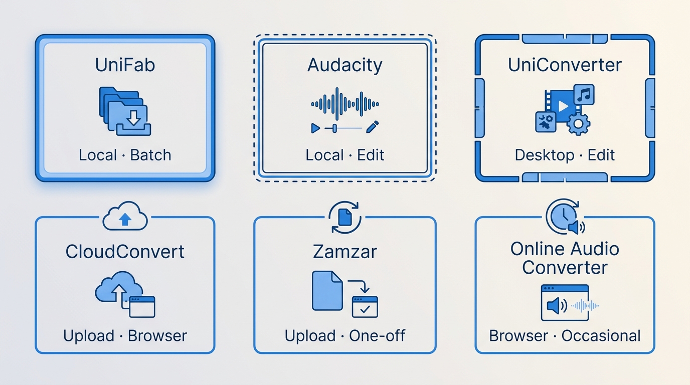 Six MP4-to-WAV converters compared by local processing, batch support, editing, and uploads