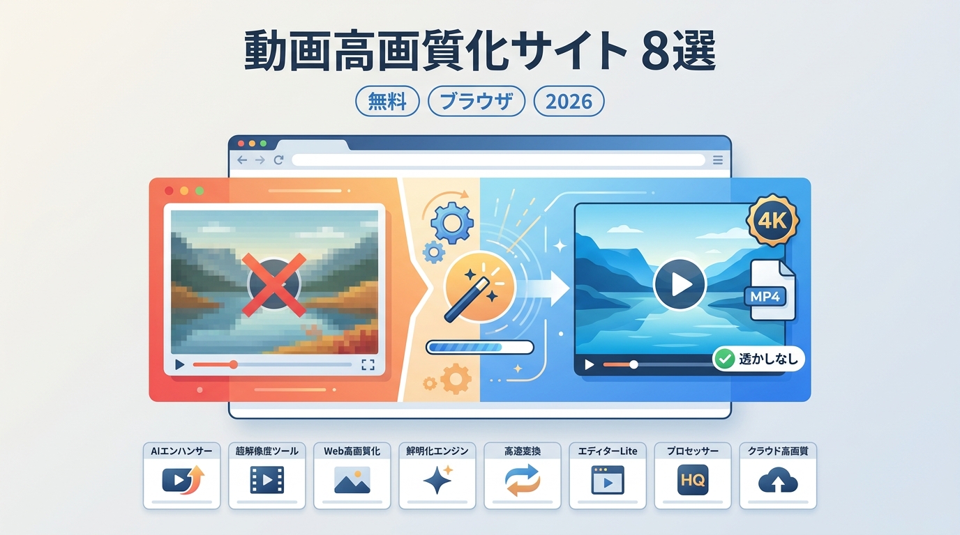 【2026年版】無料の動画高画質化サイト8選｜登録不要・透かし・MP4保存を比較